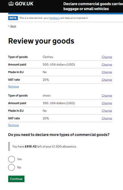 Goods review screen